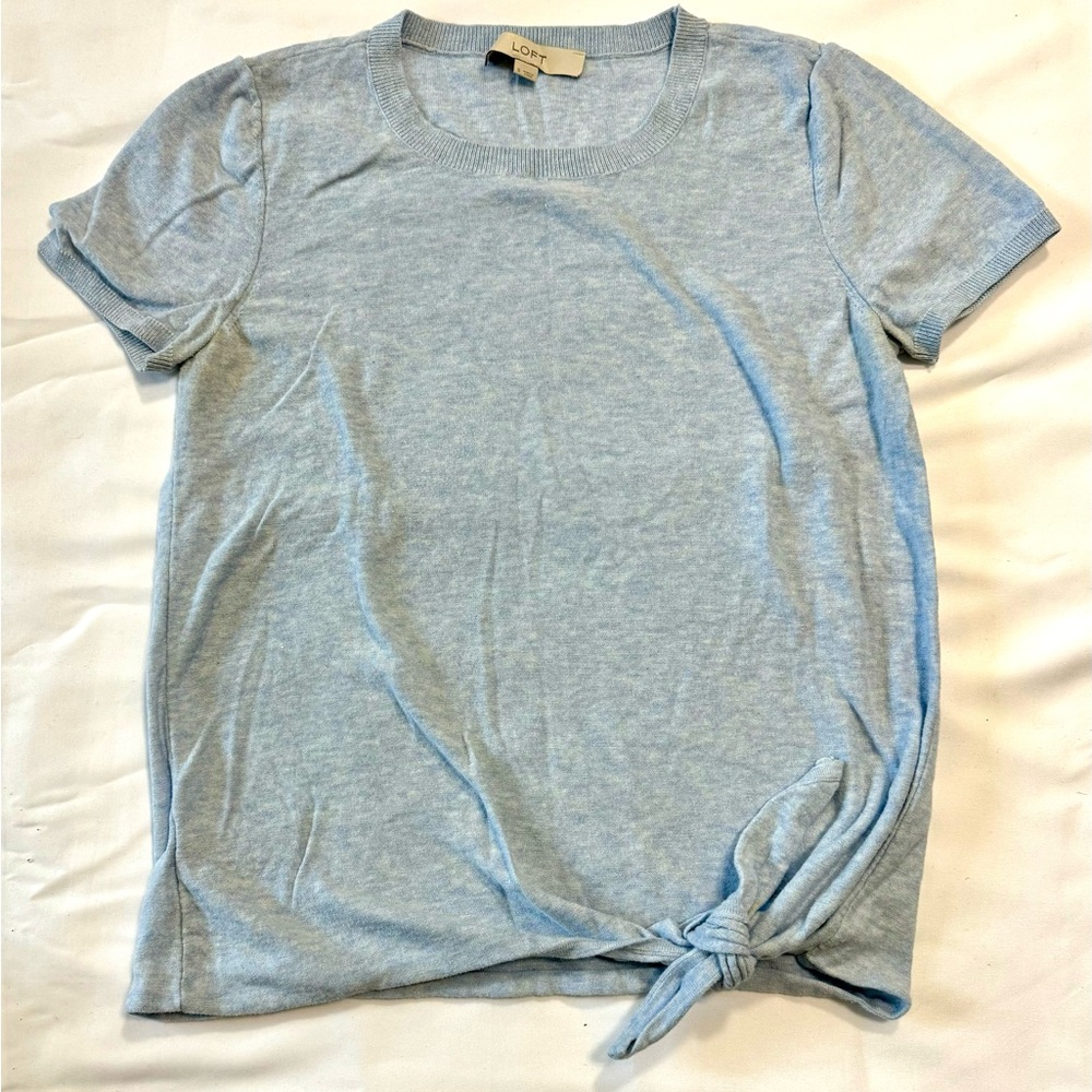 LOFT Women's Light Blue Tie-Front Top, oasis blue t-shirt, sweater t-shirt